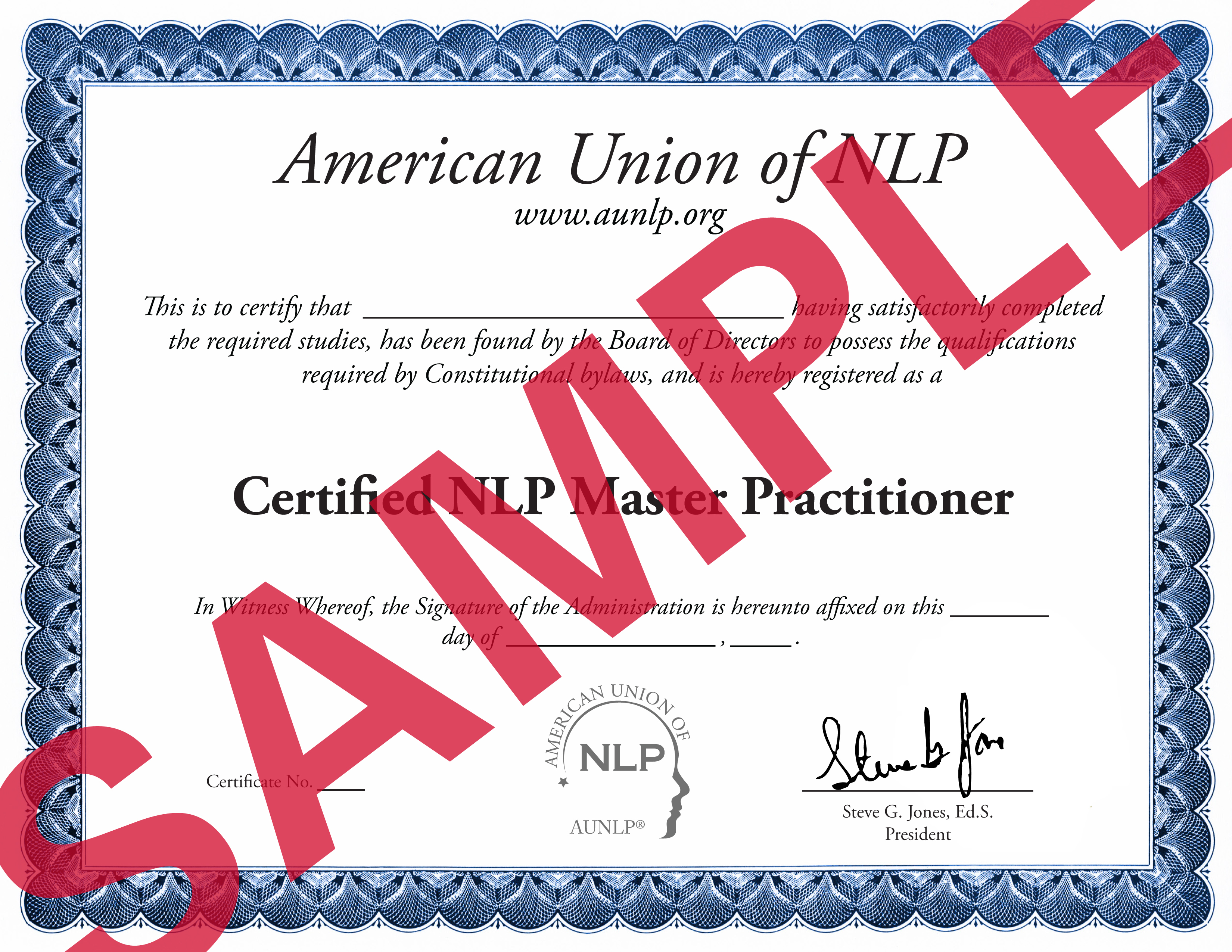 Sample Certified NLP Master Practitioner certificate from the American Union of NLP